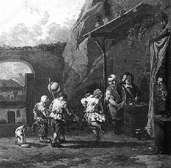 Peasants Dancing Outside A Tavern Oil Painting by Karel Dujardin