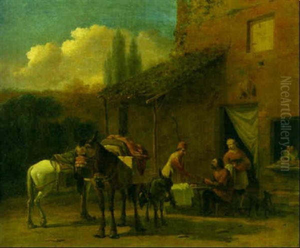 A Traveller Taking Refreshment At An Inn Oil Painting by Karel Dujardin