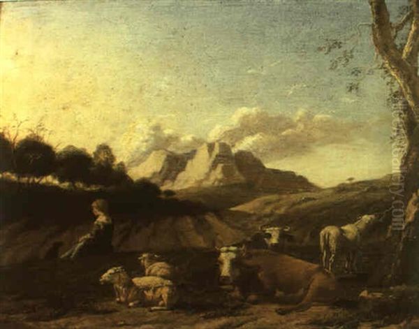 Shepheress Seated With Cows And Sheep In A Landscape Oil Painting by Karel Dujardin