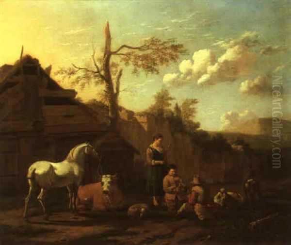 Peasants With Cattle Playing Cards By A Shed In A Landscape Oil Painting by Karel Dujardin