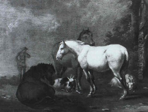 Hirte Mit Pferden Und Ziegen In Landschaft Oil Painting by Karel Dujardin