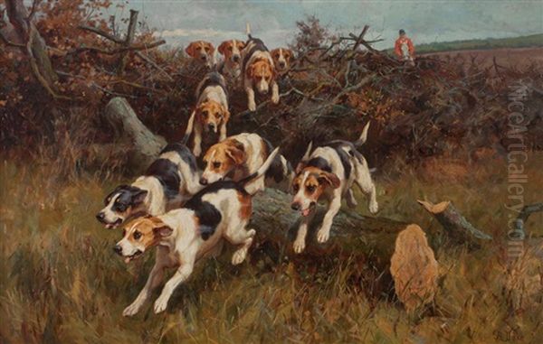 A Set Of Three Hunting Scenes, With Hounds Oil Painting by Alfred Duke