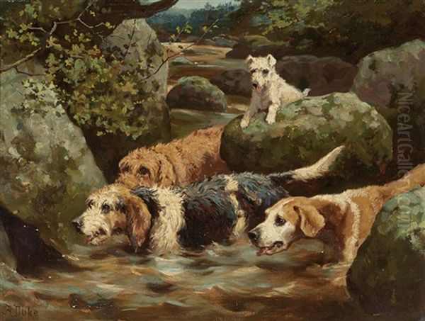 Otter Hounds; Otter Hounds On The Scent (a Pair) Oil Painting by Alfred Duke