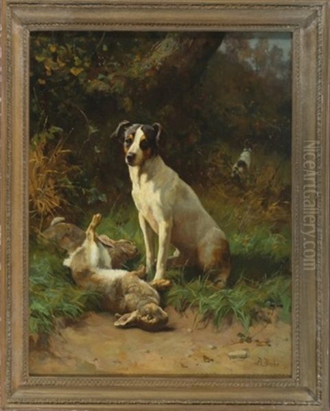 Untitled, Terrier With Dead Hares Oil Painting by Alfred Duke