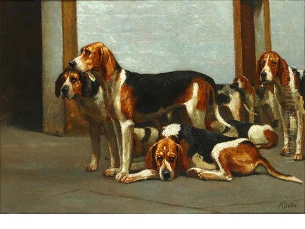 Hounds In The Kennel Oil Painting by Alfred Duke