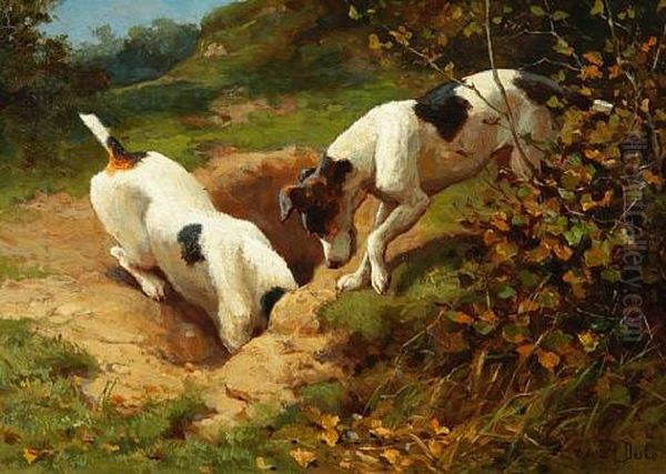 Fox Terriers Chasing A Rabbit; Gone To Earth Oil Painting by Alfred Duke