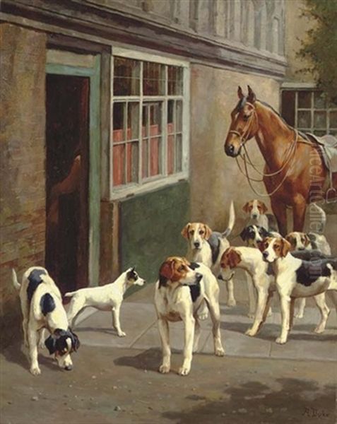 Before The Hunt - Foxhounds And A Jack Russell Terrier With A Saddled Hunter Outside A Stable Oil Painting by Alfred Duke