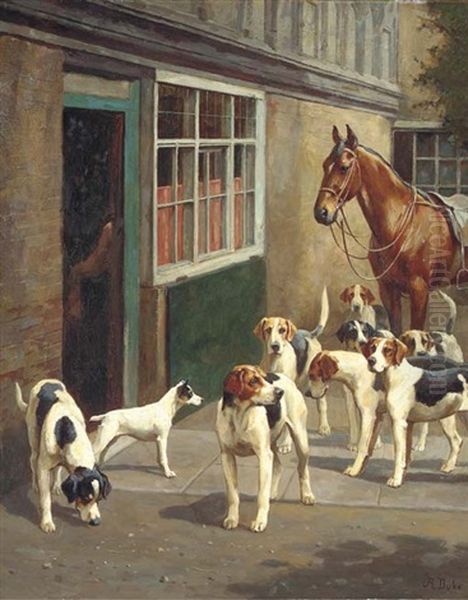 A Saddled Hunter And Hounds In A Courtyard Oil Painting by Alfred Duke