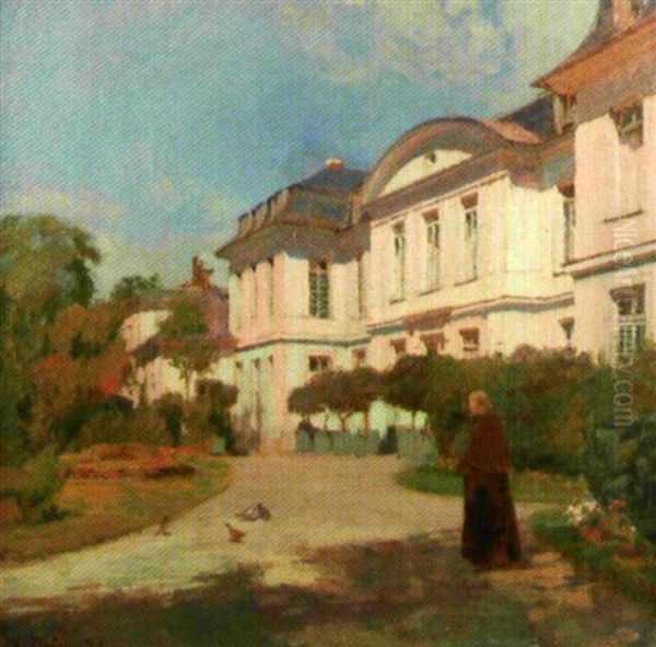 Moine Dans Un Jardin Devant Un Monastrere Oil Painting by Charles-Marie Dulac