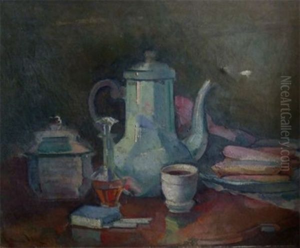 Still Life Study Of Coffee Pot, Sugar Bowl, Liqueur Decanter, Etc. On A Cloth Oil Painting by Guillaume Dulac