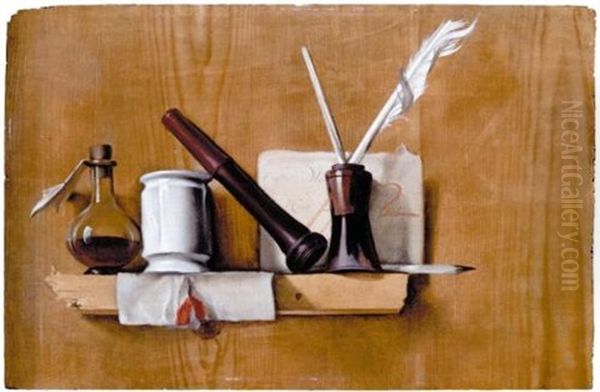 A Trompe L'oil Still Life With A Flacon, A Seal Holder, A White Glazed Delft Pot, A Letter Ad Quills In An Ink Pot, All Arranged Upon A Wooden Shelf Oil Painting by Heyman Dullaert