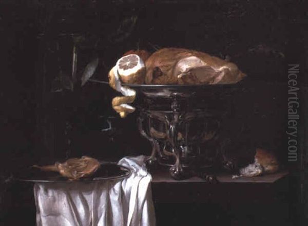 A Roast Guinea-fowl, An Orange, And A Peeled Lemon In A Chafing Dish Oil Painting by Heyman Dullaert