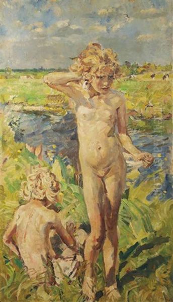 Girls Playing Near The River Aa Oil Painting by Erasmus Bernhard Van Dulmen Krumpelman