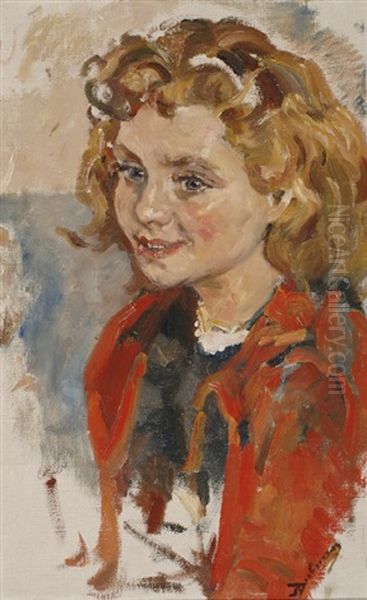 Portrait Of A Girl Wearing A Red Jacket Oil Painting by Erasmus Bernhard Van Dulmen Krumpelman