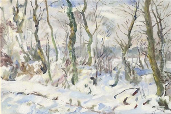 A Snowy Winter Landscape Oil Painting by Erasmus Bernhard Van Dulmen Krumpelman