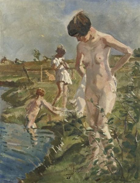 Bathing In The River Aa Oil Painting by Erasmus Bernhard Van Dulmen Krumpelman