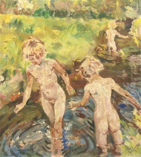 Children Playing In The River Aa Oil Painting by Erasmus Bernhard Van Dulmen Krumpelman