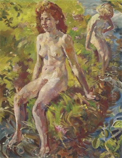 Girls Bathing In The River Aa Oil Painting by Erasmus Bernhard Van Dulmen Krumpelman