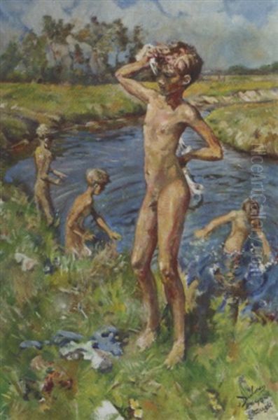 Boys Playing In The River Aa Oil Painting by Erasmus Bernhard Van Dulmen Krumpelman