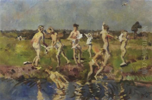 Young Bathers At The River Aa, Near Zeegse, Drente Oil Painting by Erasmus Bernhard Van Dulmen Krumpelman