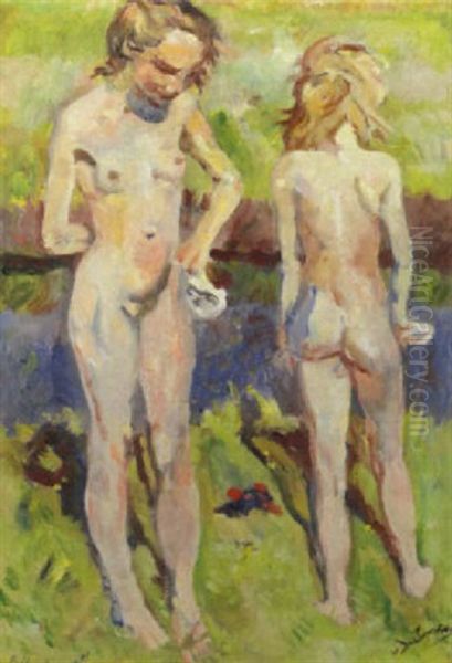 Baadstertjes - Bathing Girls Oil Painting by Erasmus Bernhard Van Dulmen Krumpelman