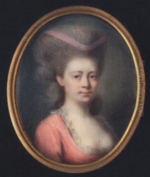 A Lady Wearing Decollete Pink Dress With Frilled White Trim And Pink Ribbon In Her Powdered Hair Oil Painting by Mme. Dumas