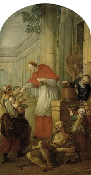 Saint Carlo Borromeo Giving Alms To The Poor Oil Painting by Pierre Louis Dumesnil