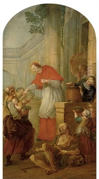 Saint Carlo Borromeo Giving Alms To The Poor Oil Painting by Pierre Louis Dumesnil