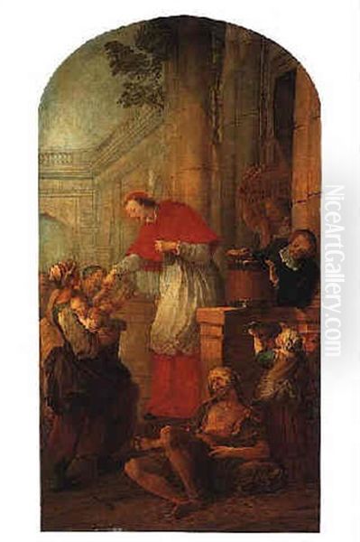 St. Carlo Borromeo Giving Alms To The Poor Oil Painting by Pierre Louis Dumesnil