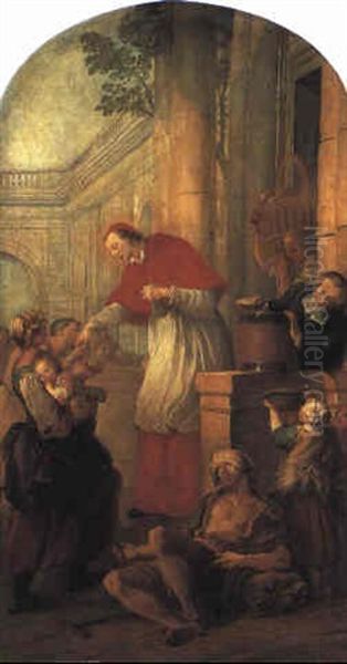 St. Carlo Borromeo Giving Alms To The Poor Oil Painting by Pierre Louis Dumesnil