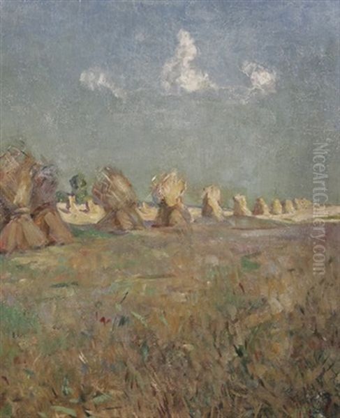 Feldeinsamkeit. Blick Auf Ein Feld Mit Garben Oil Painting by Erich Dummer