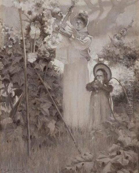 Picking Hollyhocks by Frank Vincent Dumond