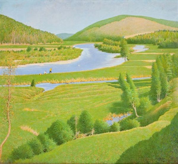 Salmon Fishing In The Margaree River, Cape Breton, Nova Scotia Oil Painting by Frank Vincent Dumond