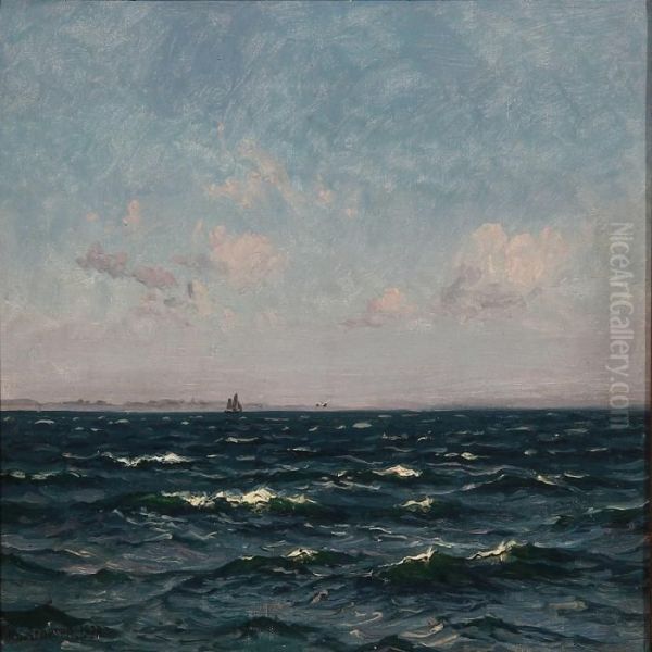 Seascape With A Sailing Ship In The Horizon Oil Painting by Vilhelm Karl Ferd. Arnesen