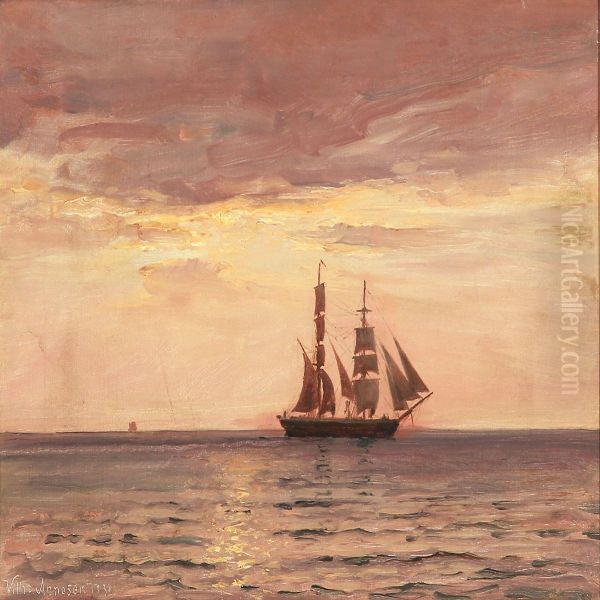 Seascape With A Bring At Sunset Oil Painting by Vilhelm Karl Ferd. Arnesen