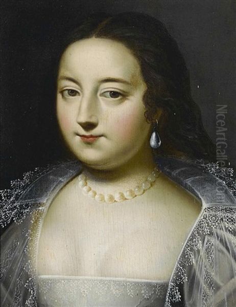 A Portrait Of A Lady Wearing A Pearl Necklace Oil Painting by Daniel Dumonstier