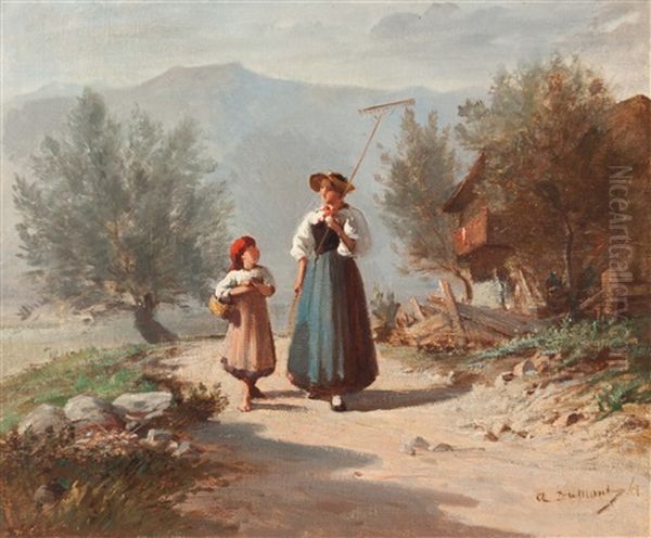 Sennerin Auf Dem Heimweg Oil Painting by Alfred-Paul-Emile-Etienne Dumont