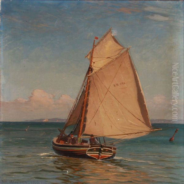 Seascape With S Sailing Boat With Two Men And A Boy by Vilhelm Karl Ferd. Arnesen