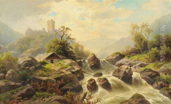 Burgruinen In Voralpiner Landschaft Mit Wildbach (savoyen?) Oil Painting by Alfred-Paul-Emile-Etienne Dumont