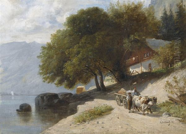 Sommerliche Uferpartie Mit Kuhkarren Oil Painting by Alfred-Paul-Emile-Etienne Dumont