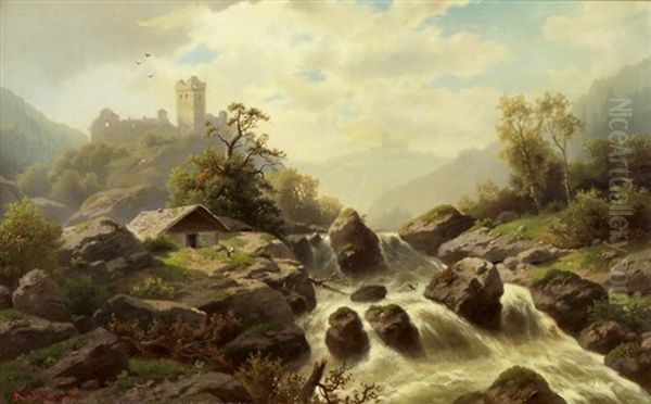 Gebirgsbach Mit Alphutte Und Burgruinen Oil Painting by Alfred-Paul-Emile-Etienne Dumont