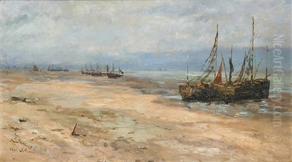 Barques Echouees Sur La Plage De La Panne Oil Painting by Marguerite Dumont