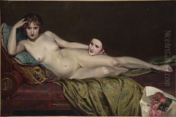 Repos Du Modele Au Masque Et Au Bouquet De Roses Oil Painting by Maurice Dumont