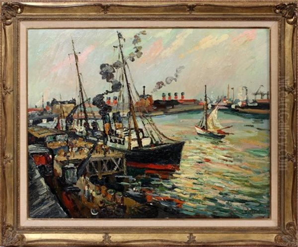 Dock Scene With Sailboats & Steamship Oil Painting by Pierre Dumont