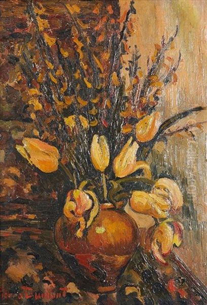 Bouquet De Tulipes Et Iris (+ Nu, Verso) Oil Painting by Pierre Dumont