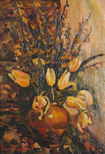 Bouquet De Tulipes Et Iris Et Esquisse De Nu (recto-verso) Oil Painting by Pierre Dumont