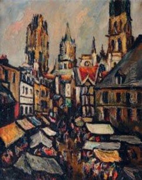 La Place Du Marche A Rouen Oil Painting by Pierre Dumont