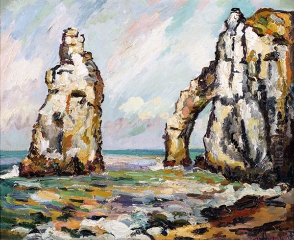 Les Falaises A Etretat Oil Painting by Pierre Dumont