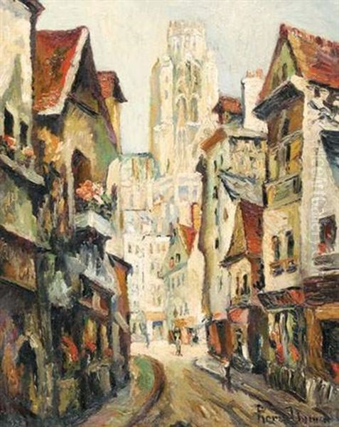 Vieille Rue De Rouen Avec La Cathedrale Oil Painting by Pierre Dumont