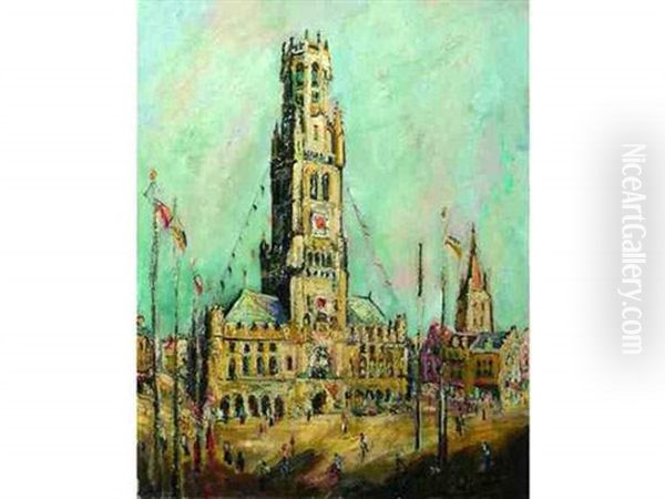 Le Beffroi De Bruges, 21 Juillet 1929, Fete Nationale Oil Painting by Pierre Dumont